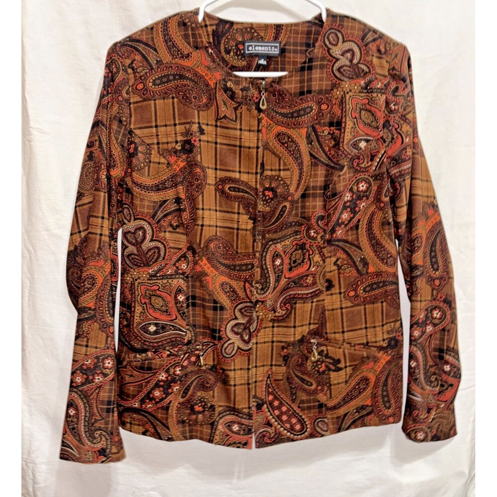 Elementz Brown Paisley M 90 Vintage Chic Zip Jacket Lightweight Casual Y2K Fall